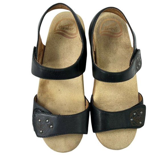 Dansko Black Tooled Leather Open Toe Ankle Strap Studded Block Heel Sandal Sz 37 - Picture 6 of 9